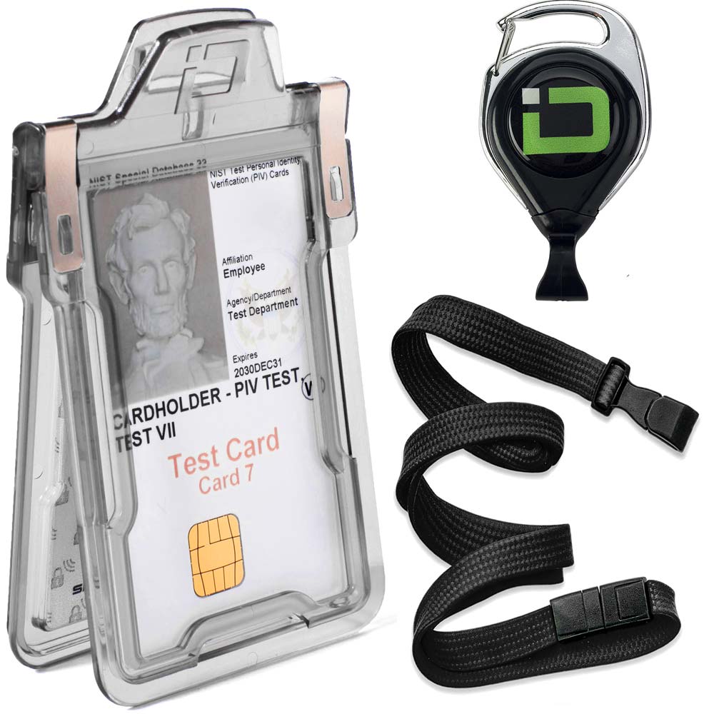 Clear ID card holder with badge and black lanyard on a white background