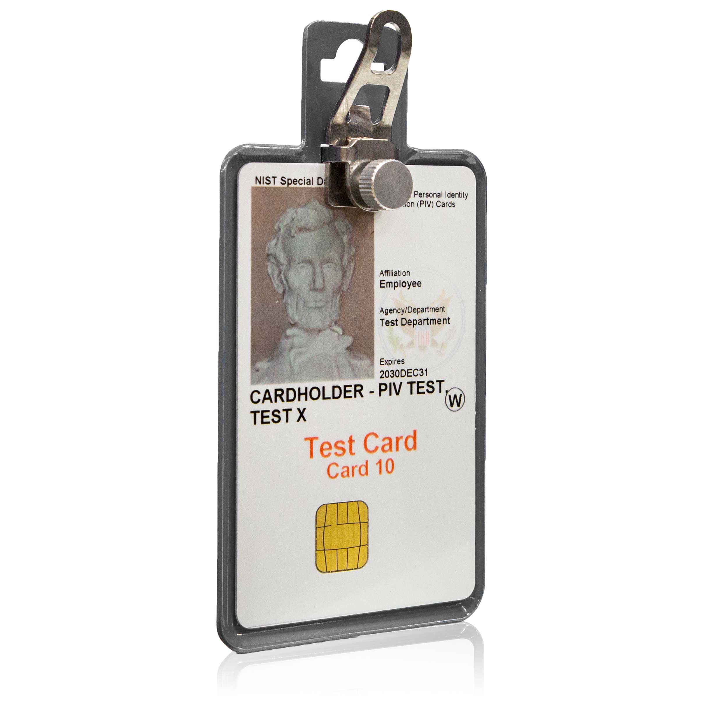 Security badge with a cardholder and chip on a white background