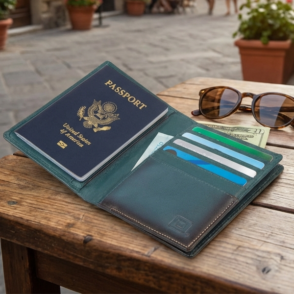 Blue passport holder with a passport, money, and sunglasses on a wooden table.