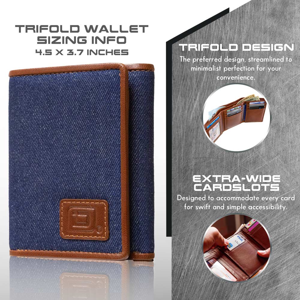 Mens RFID Wallet - Extra Capacity Trifold 7 slot with ID Window - Denim - IDSH7003 - ID - den