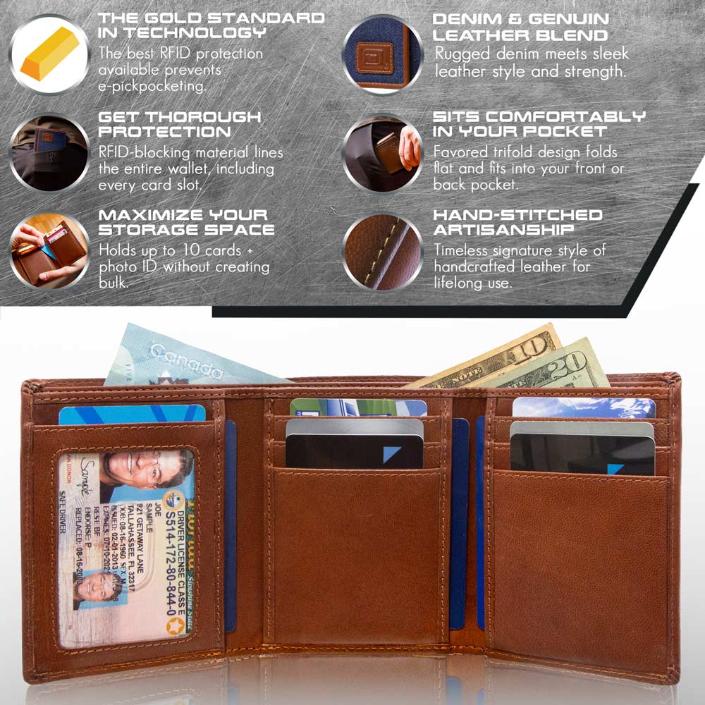 Mens RFID Wallet - Extra Capacity Trifold 7 slot with ID Window - Denim - IDSH7003 - ID - den