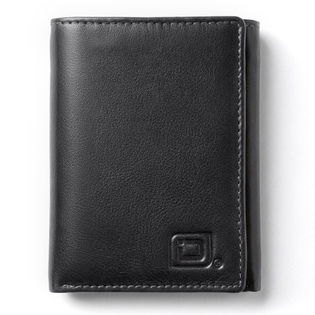 Black leather wallet with a brand logo on a white background
