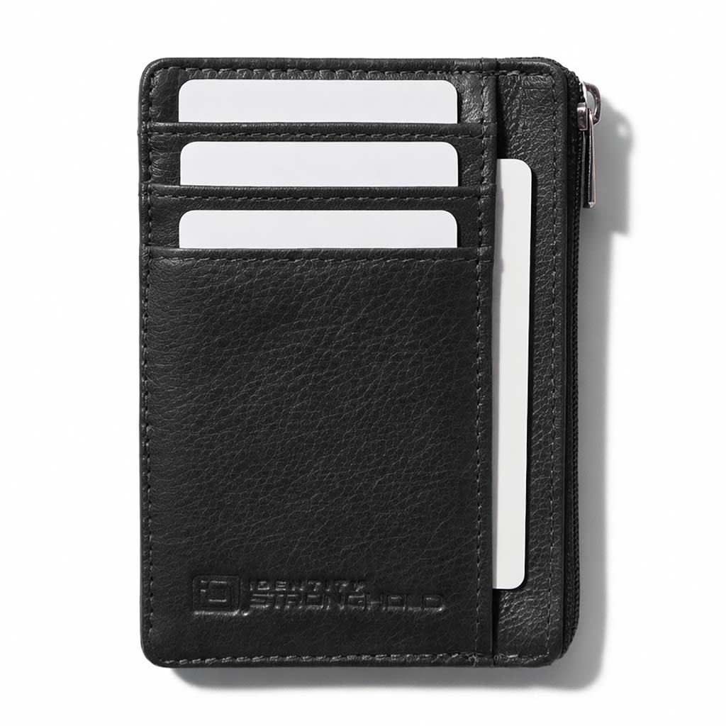 Black leather wallet with card slots on a white background