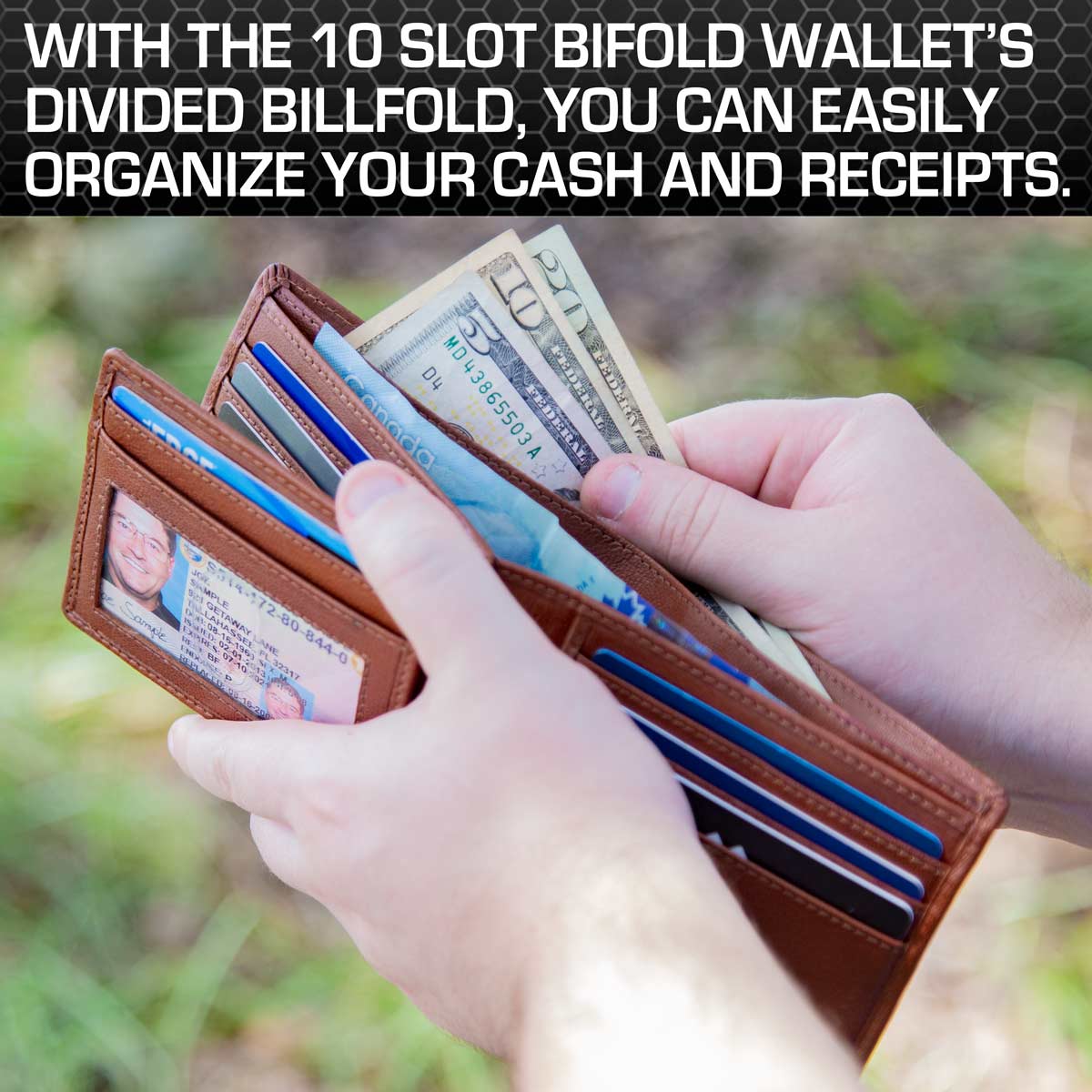 Brown bifold wallet with money and cards held by hands against a blurred natural background