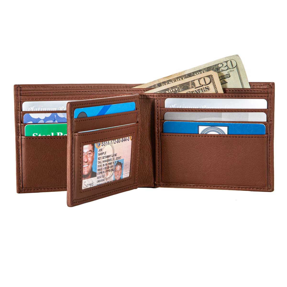 Brown rfid secure leather wallet with cards and money on a white background