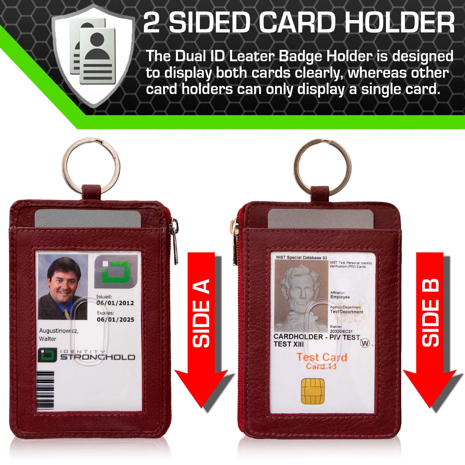 RFID Wallet Dual Portrait ID Leather Badge Holder - Red - IDSH7007 - red