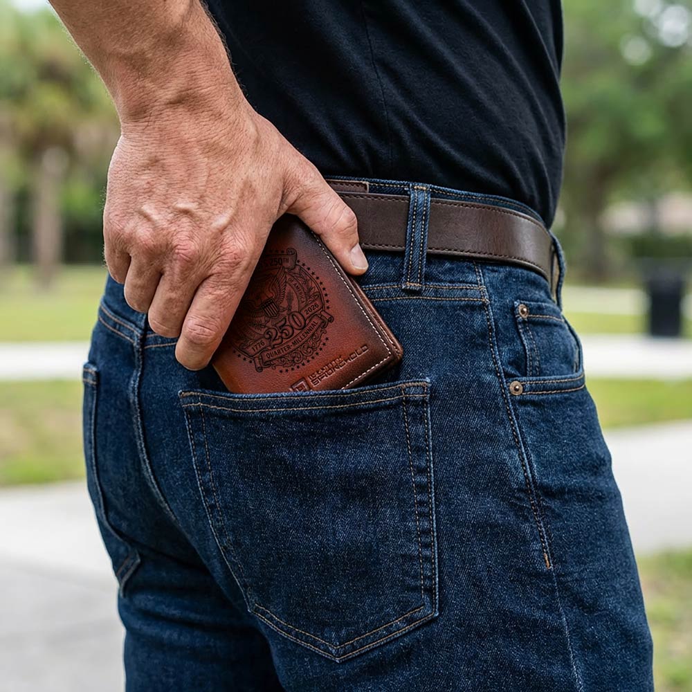 Person wearing a brown leather wallet in their jeans pocket outdoors.
