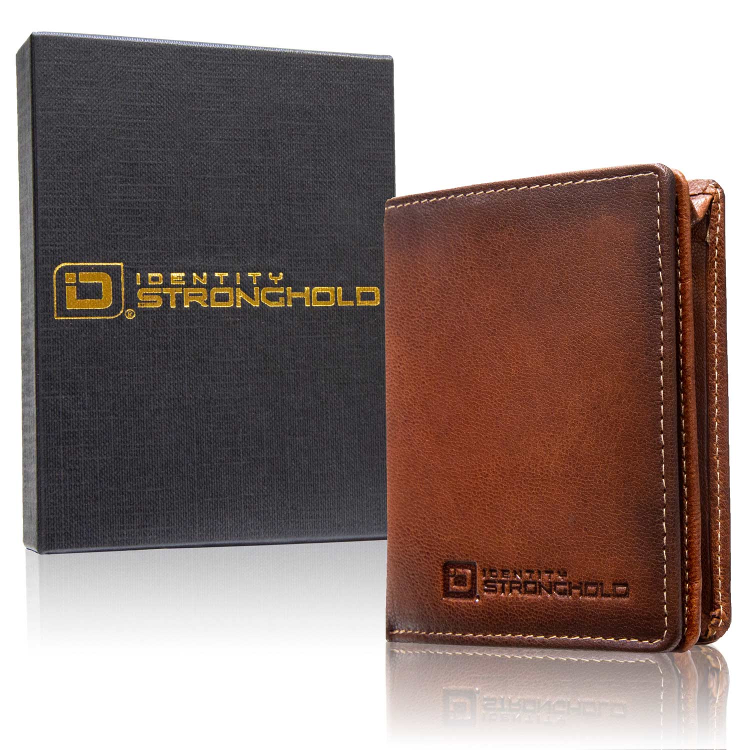 Gift box presentation of men’s leather bifold wallet – custom monogram, ready for gifting