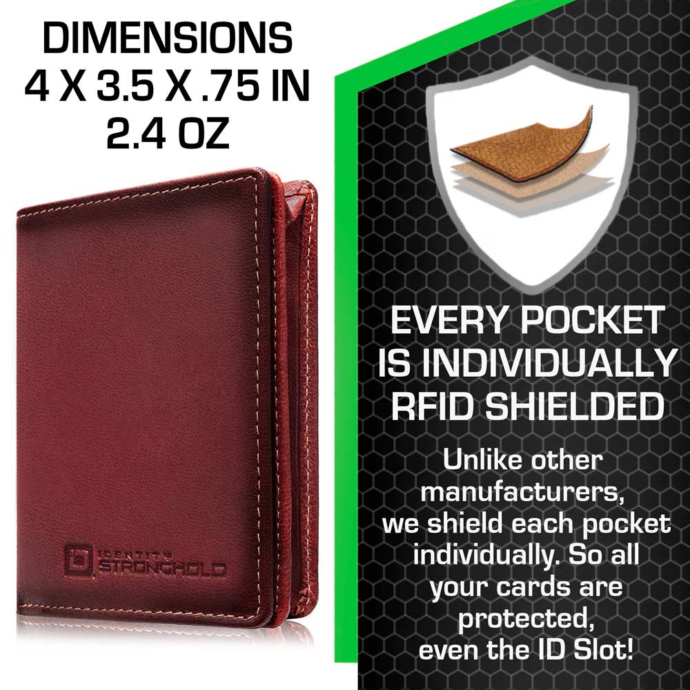 Red wallet with dimensions and feature text on a white background