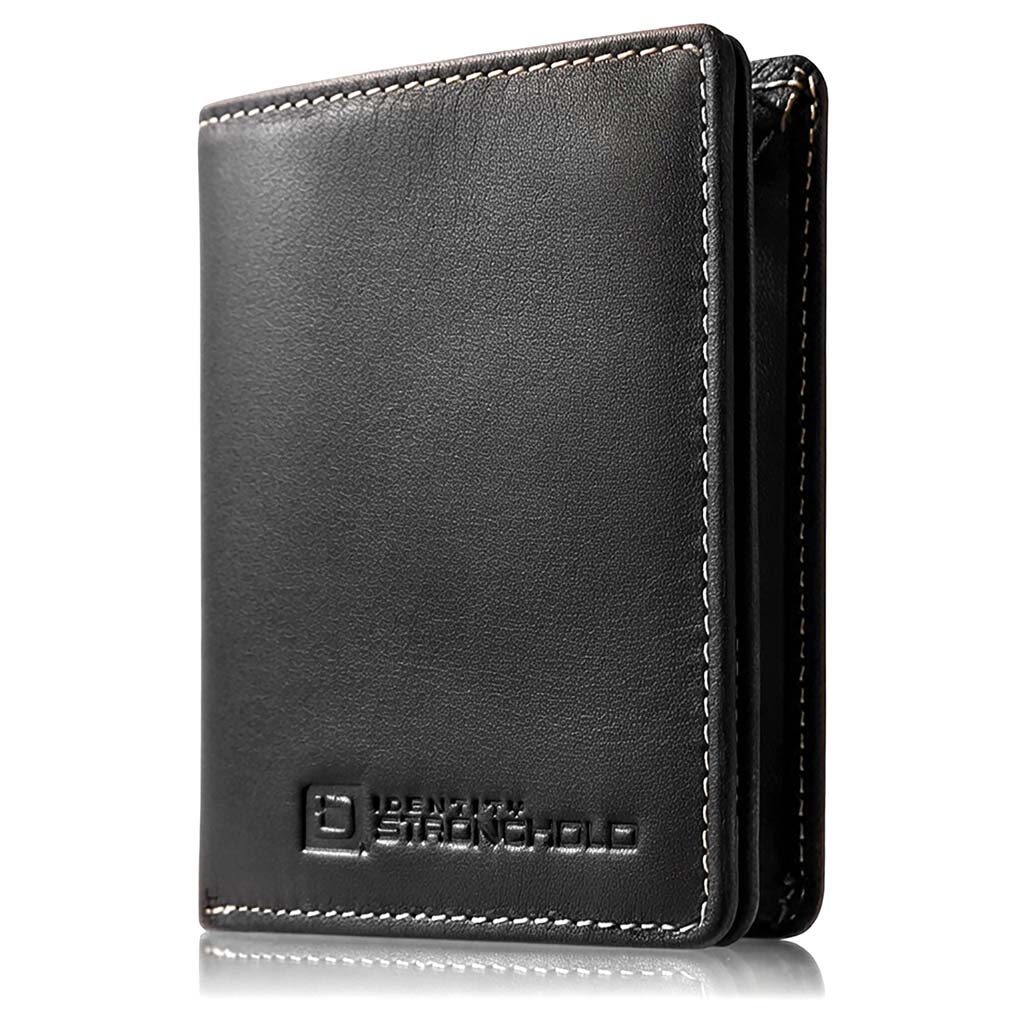 Black leather wallet with visible stitching on a white background