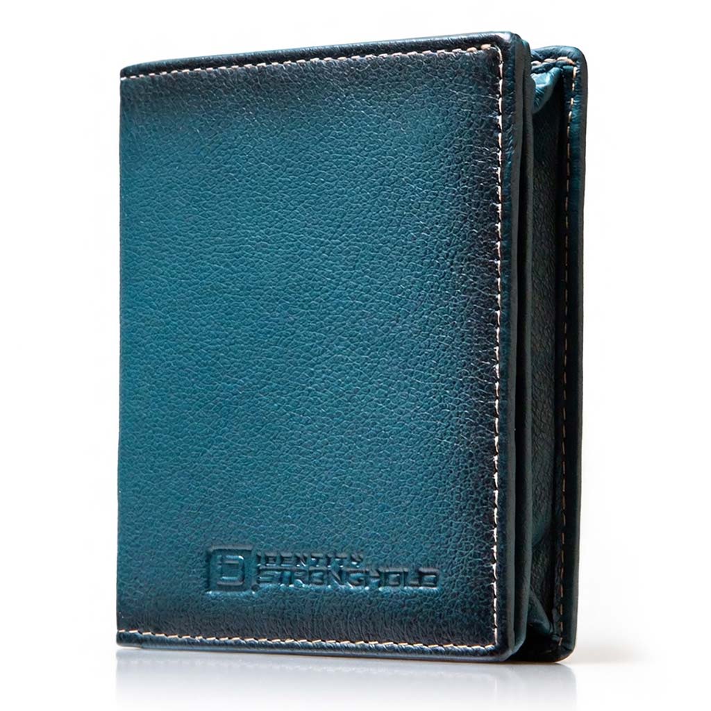 Teal leather wallet with brand logo on a white background