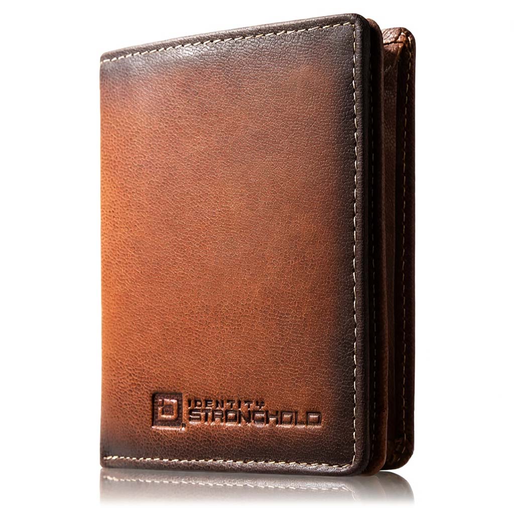 Brown leather wallet with 'Identity Stronghold' branding on a white background