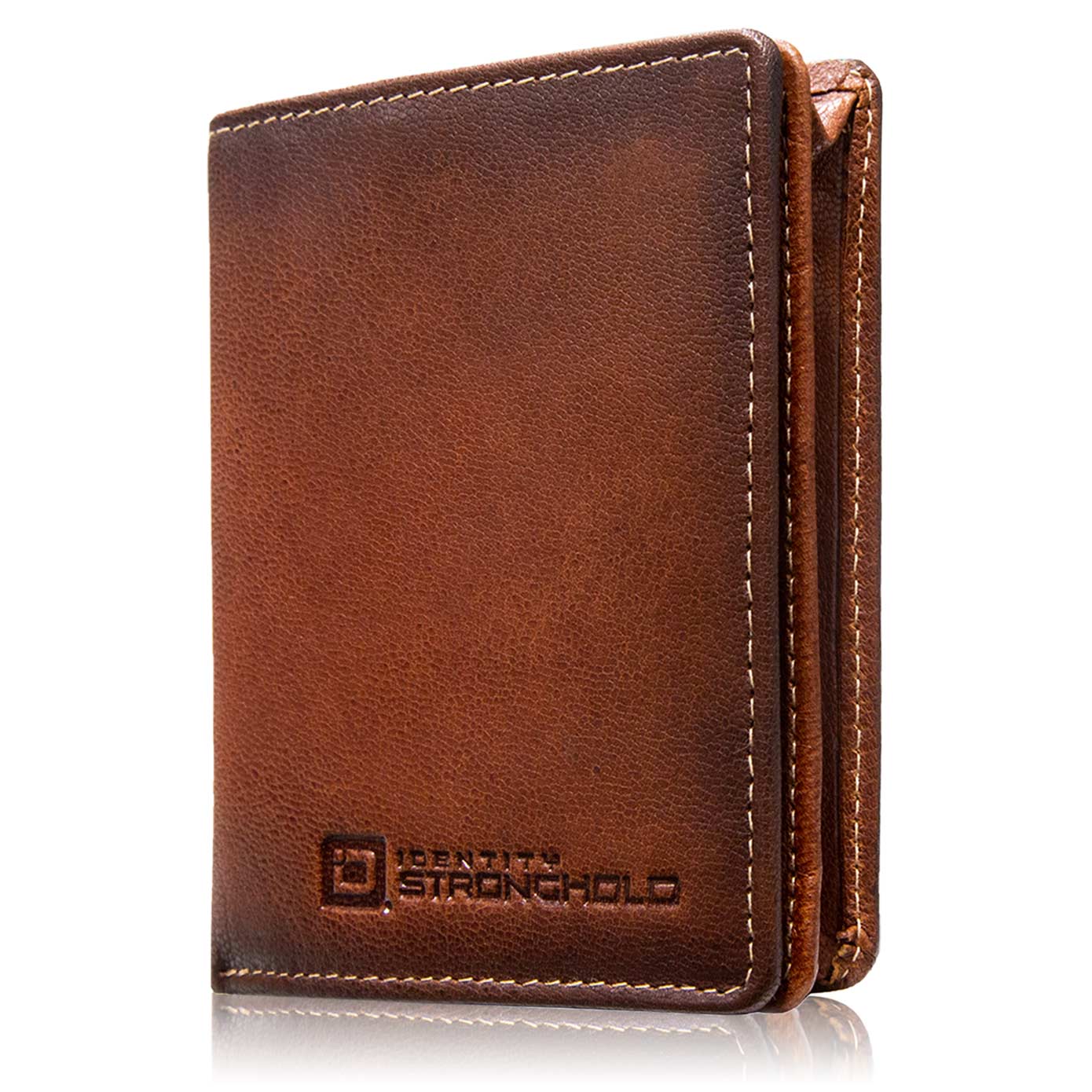 Brown leather secure wallet with 'Identity Stronghold' branding on a white background