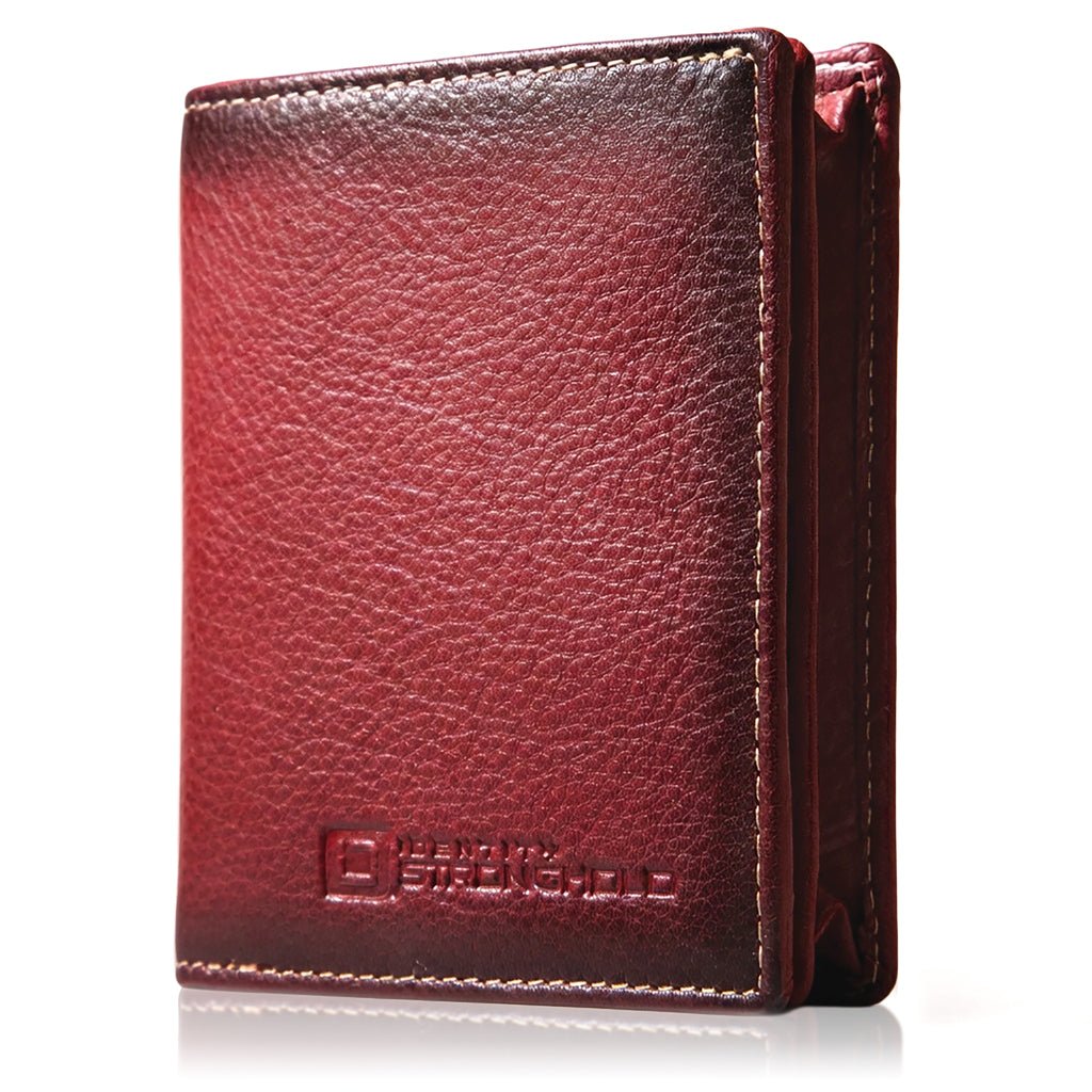 Red leather wallet with brand logo on a white background