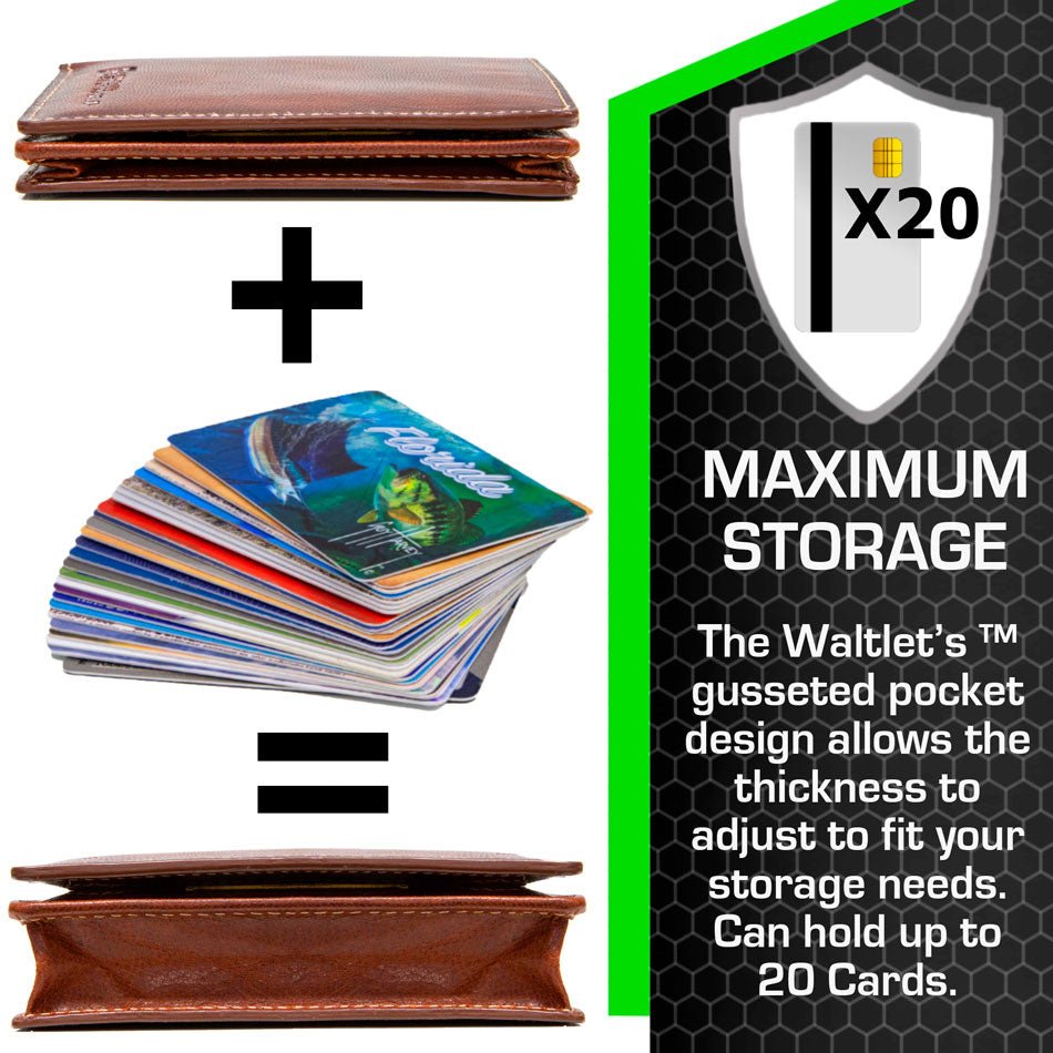Brown wallet, colorful cards, and a promotional graphic for X20 Maximum Storage feature.