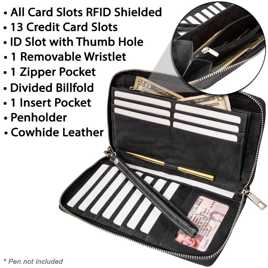 Women's RFID Blocking Zip - Around Clutch - Black - IDSH7146 - blk