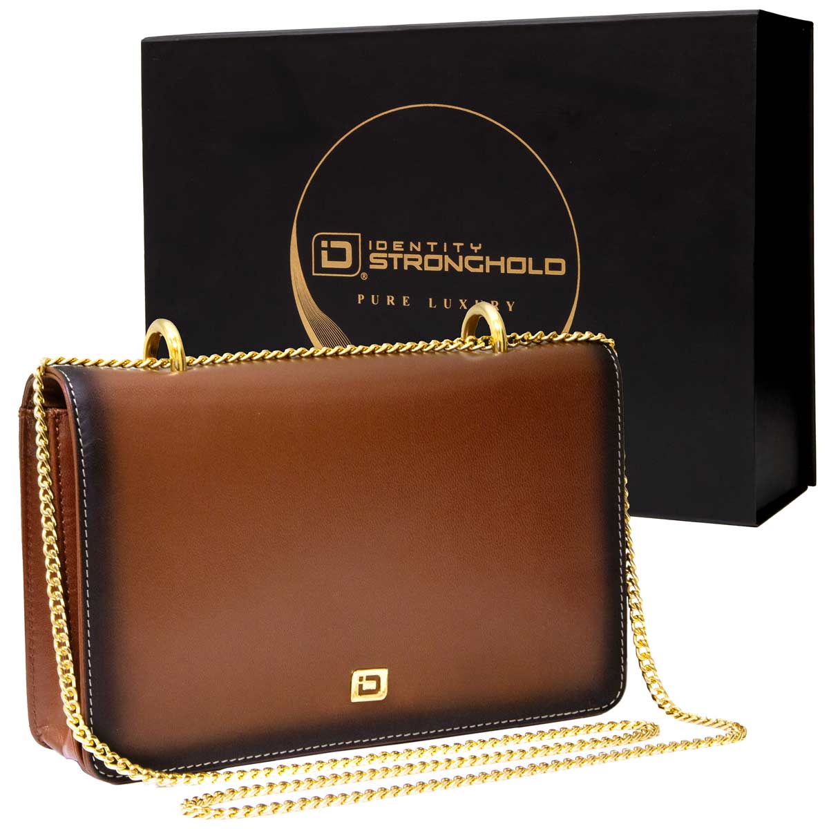 Luxury Leather RFID Blocking Crossbody Purse for Women – Shoulder Bag with Gold Chain - Antiqued Brown - IDSH7157 - abrn