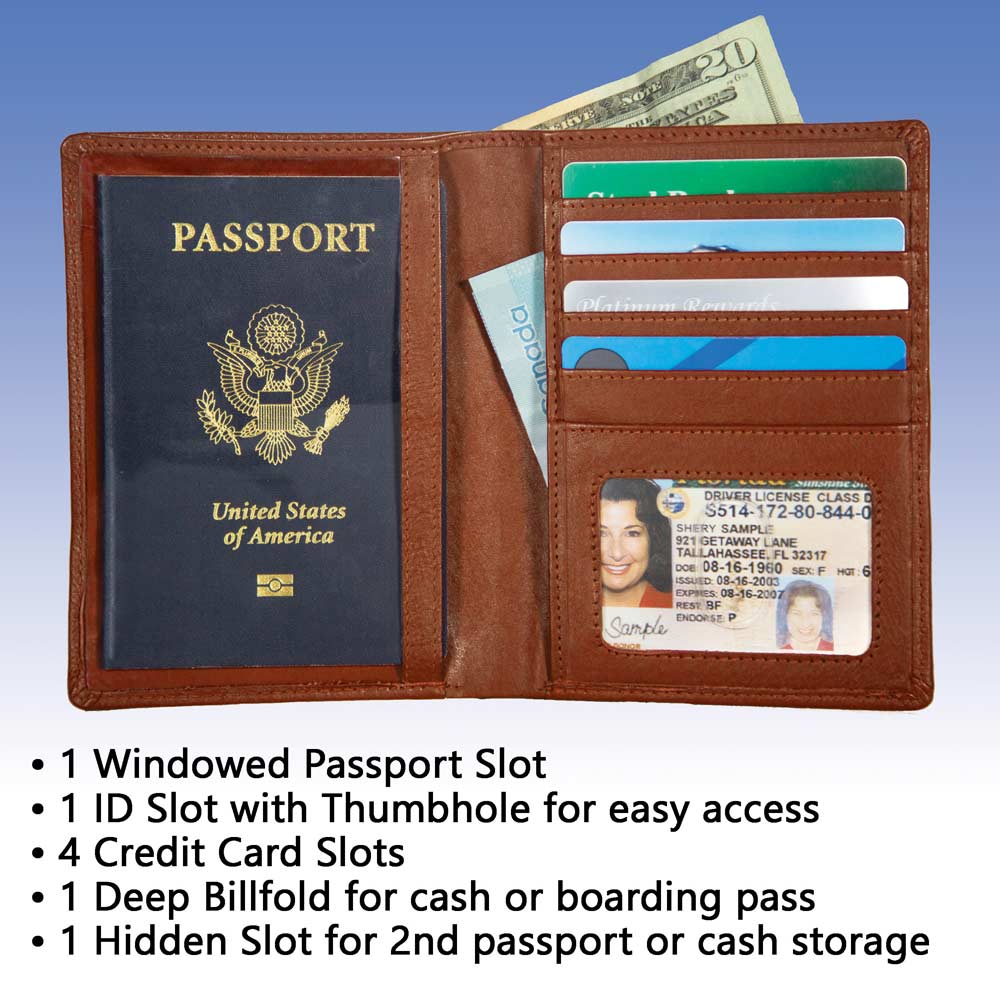 Brown leather wallet with passport, ID, and cards on a blue gradient background