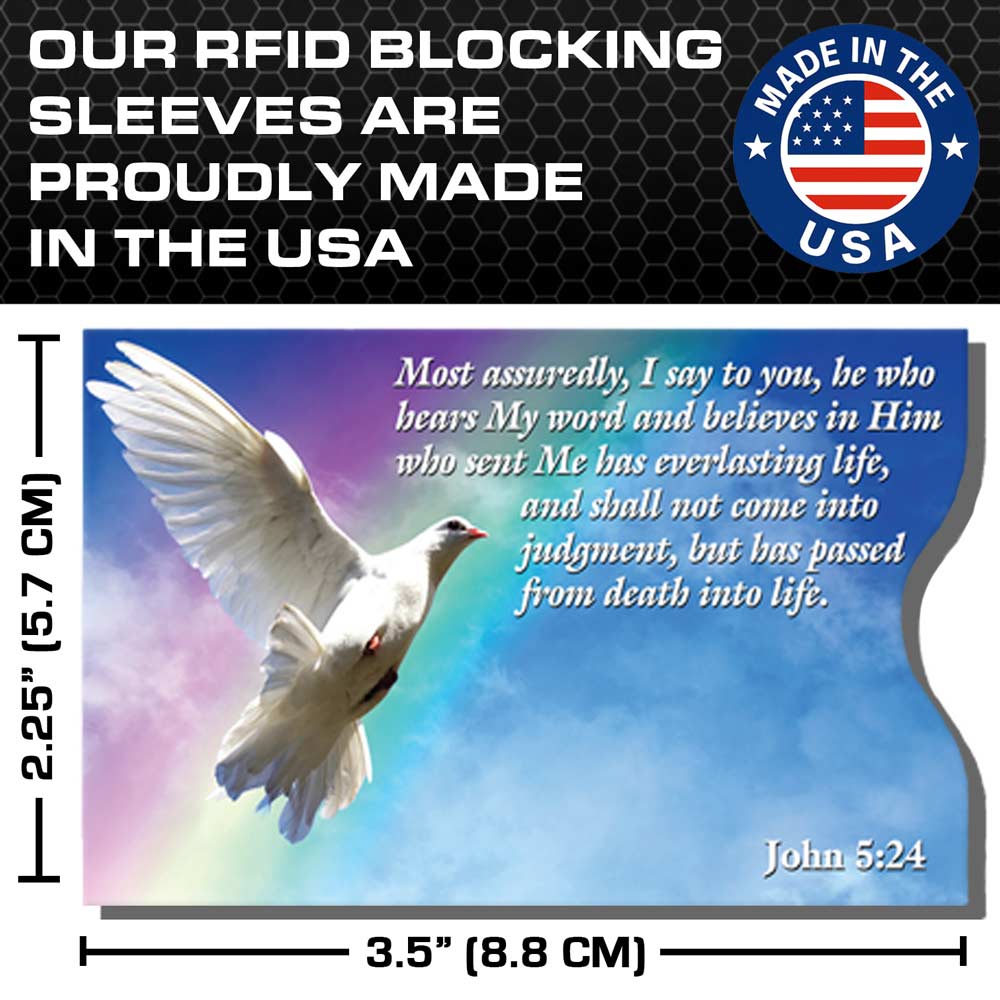 RFID blocking sleeve with dove illustration and Bible verse, made in the USA