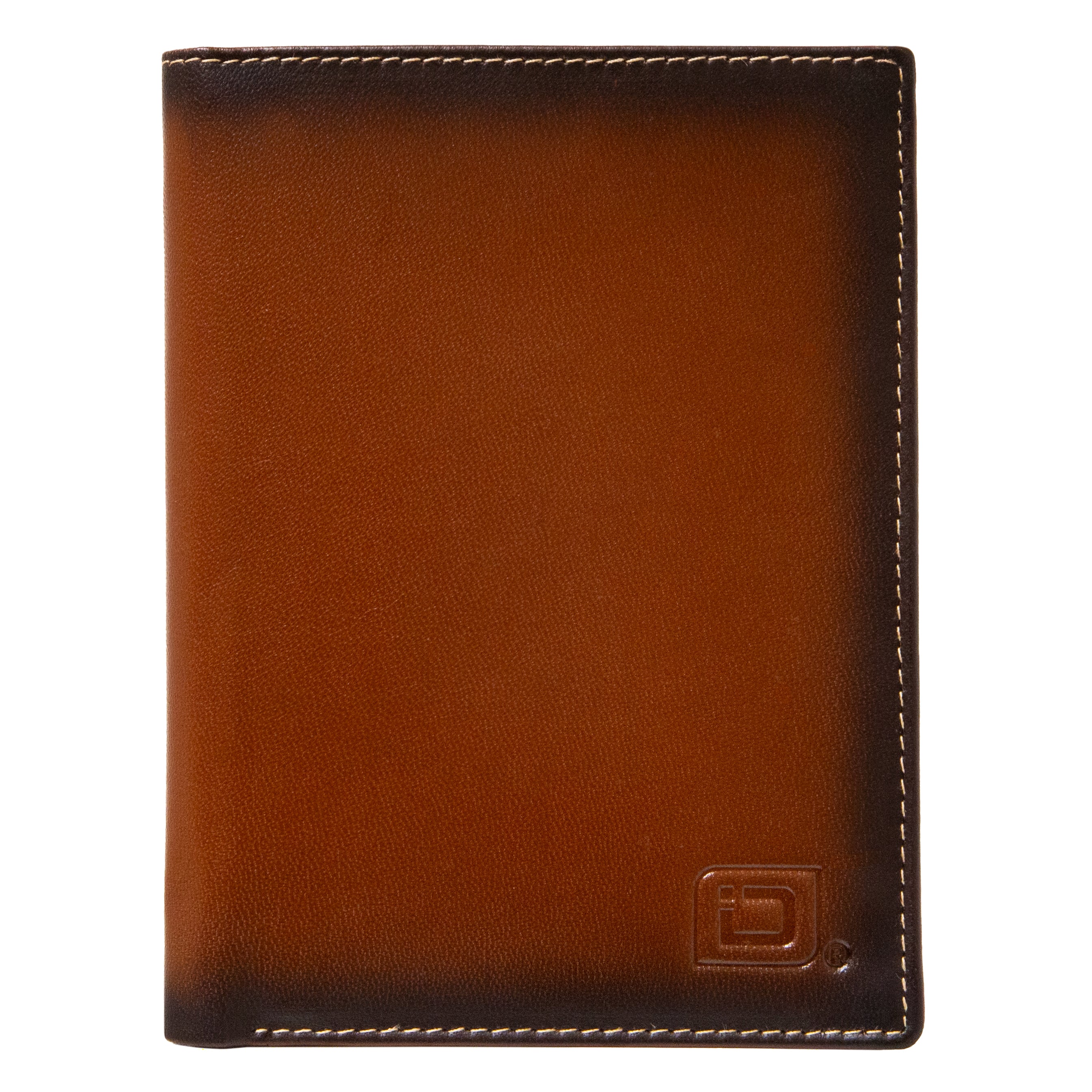 Brown leather wallet with a brand logo on a white background
