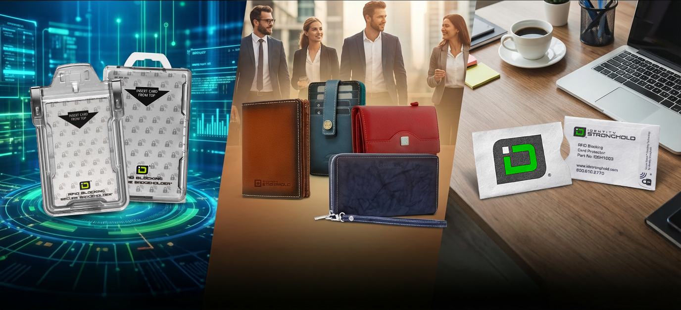 Collection of ID Stronghold branded products including secure wallets and badge holders