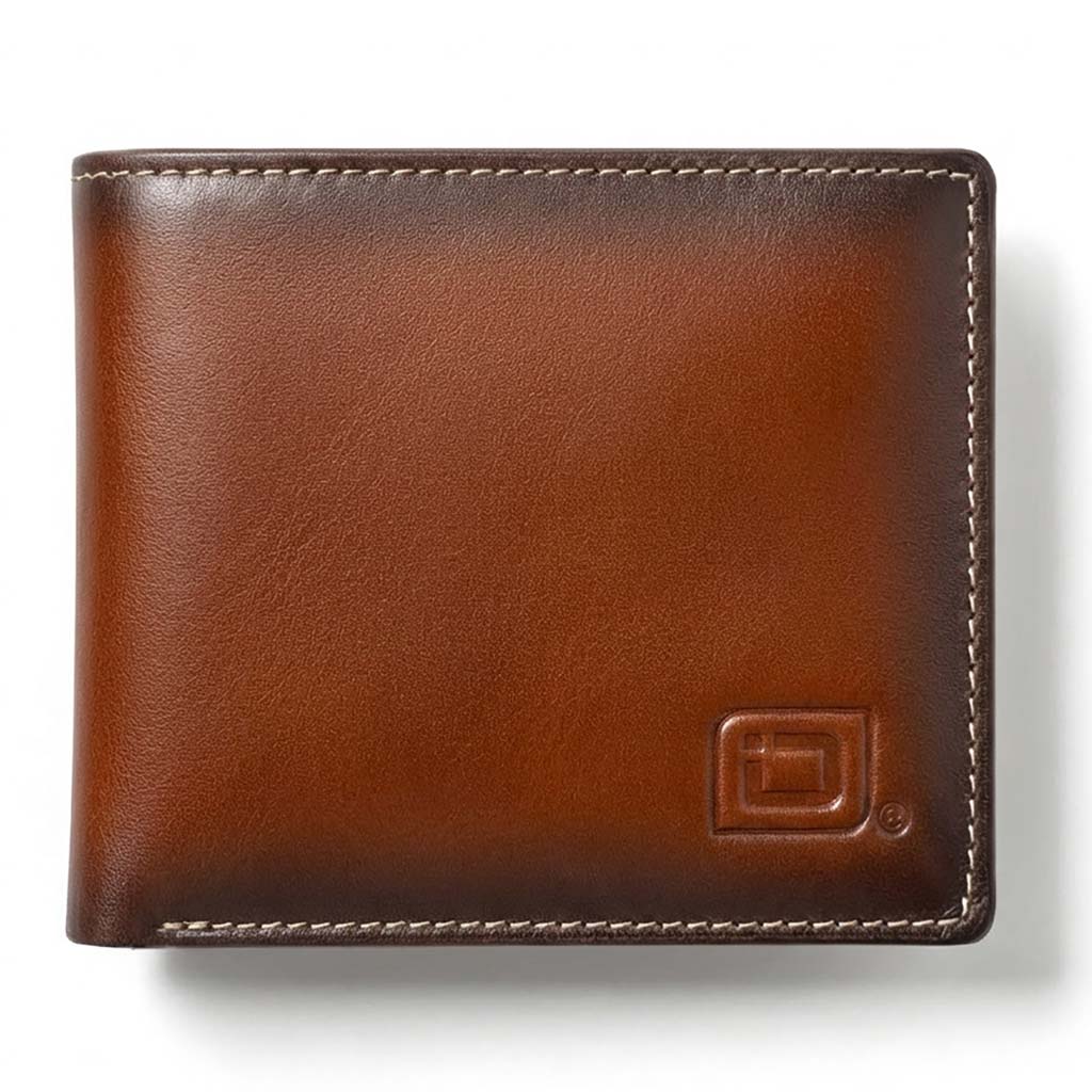 Brown leather Bifold wallet with 'Identity Stronghold' branding in front.
