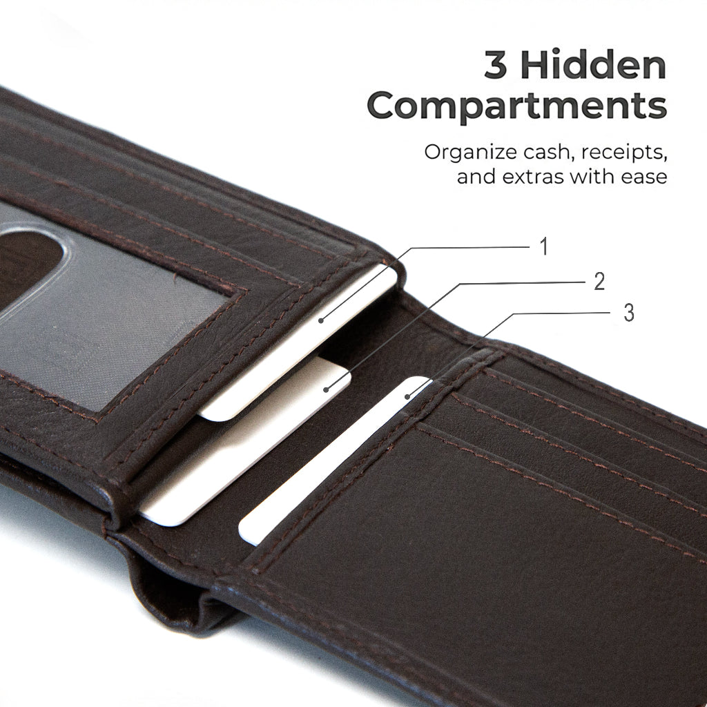 Brown leather wallet with three hidden compartments on a white background
