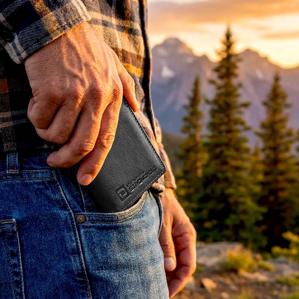 Person holding a black wallet with mountains and trees in the background