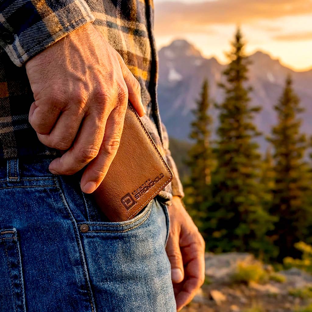Person holding a brown leather wallet with mountains and trees in the background