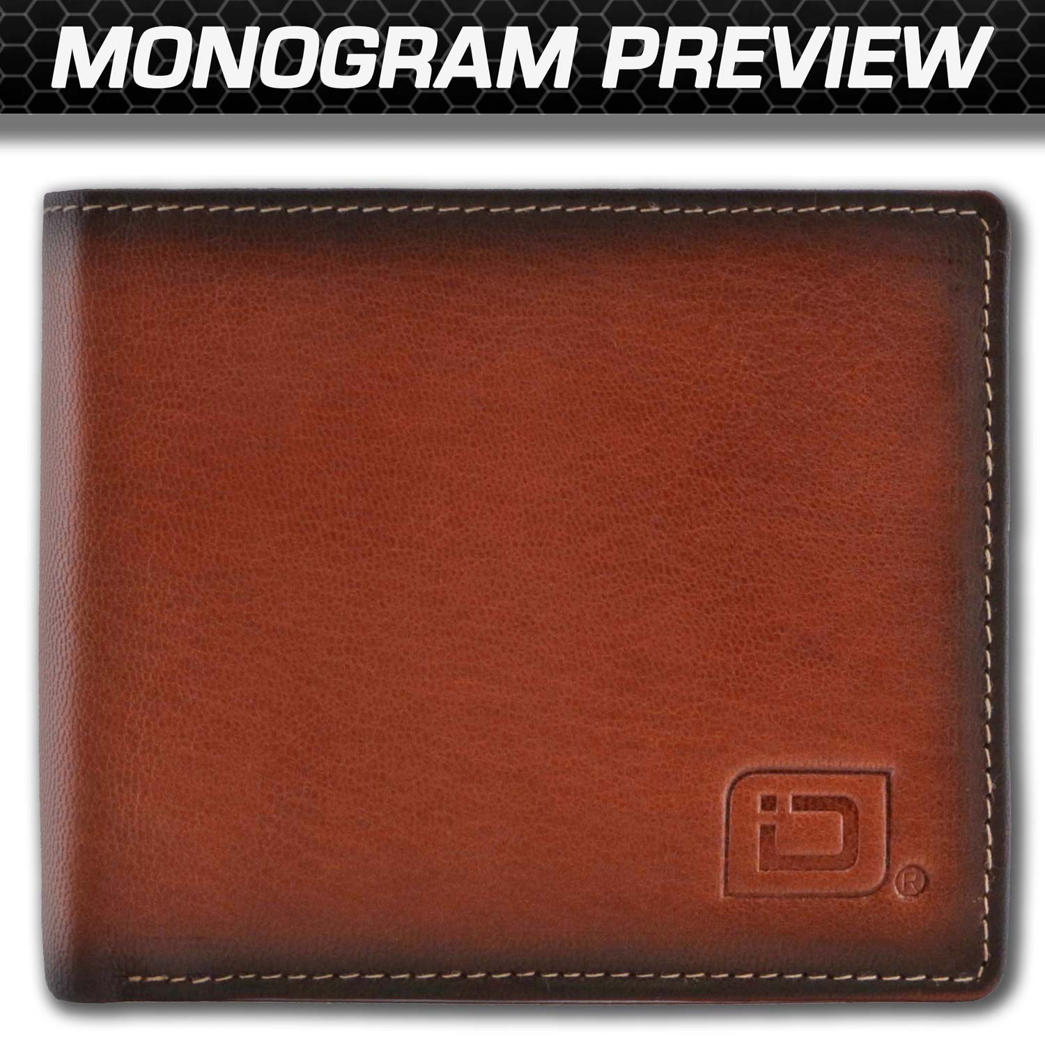 Brown leather wallet with a monogram preview on a gray background