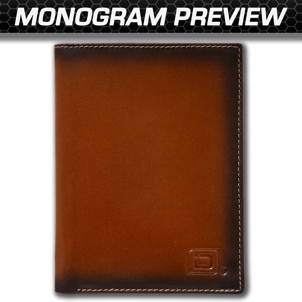 Brown leather wallet with a monogram preview on a white background