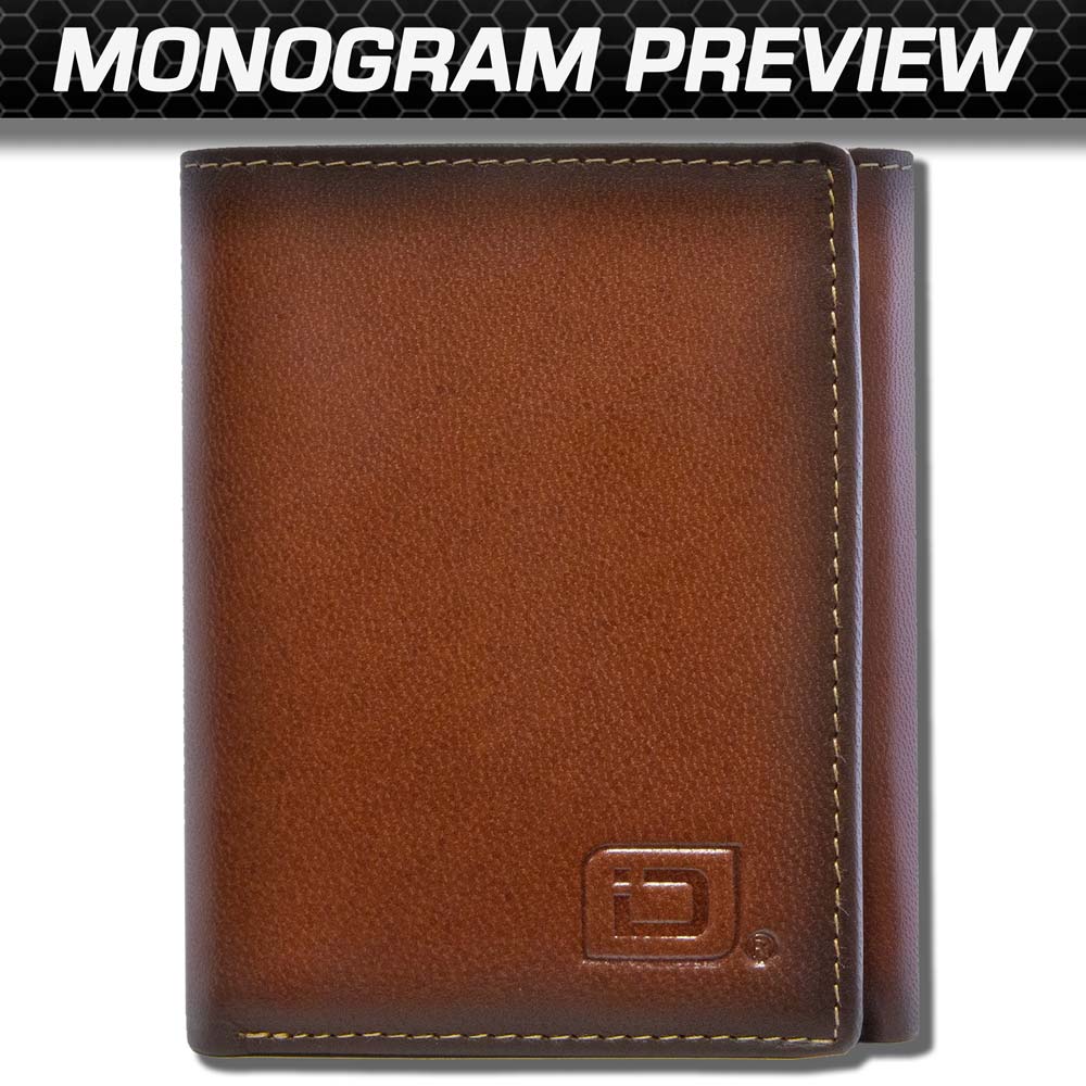 Brown leather wallet with a monogram preview on a white background