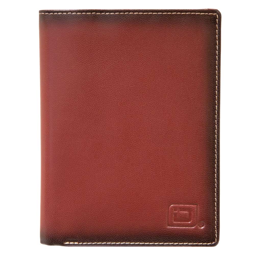 Brown leather wallet with a visible brand logo on a white background