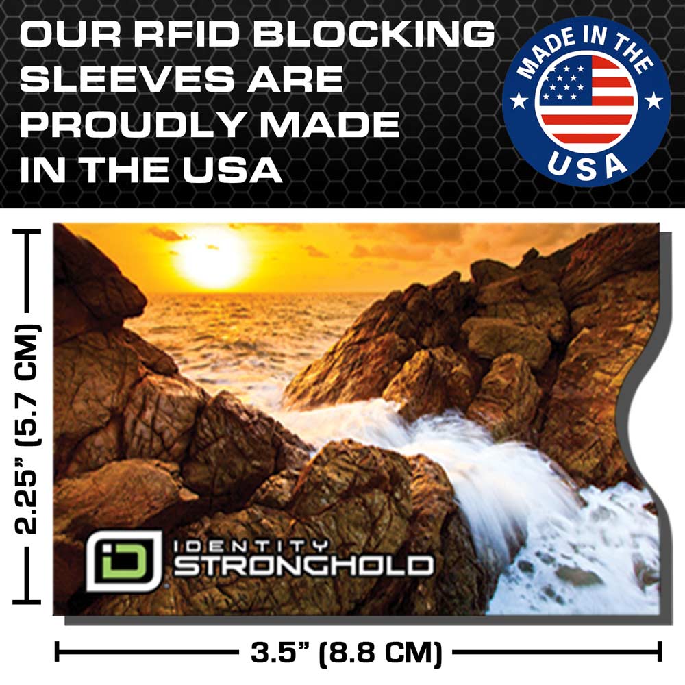 Product packaging with sunset over rocks and Identity Stronghold branding, featuring an RFID blocking sleeve.