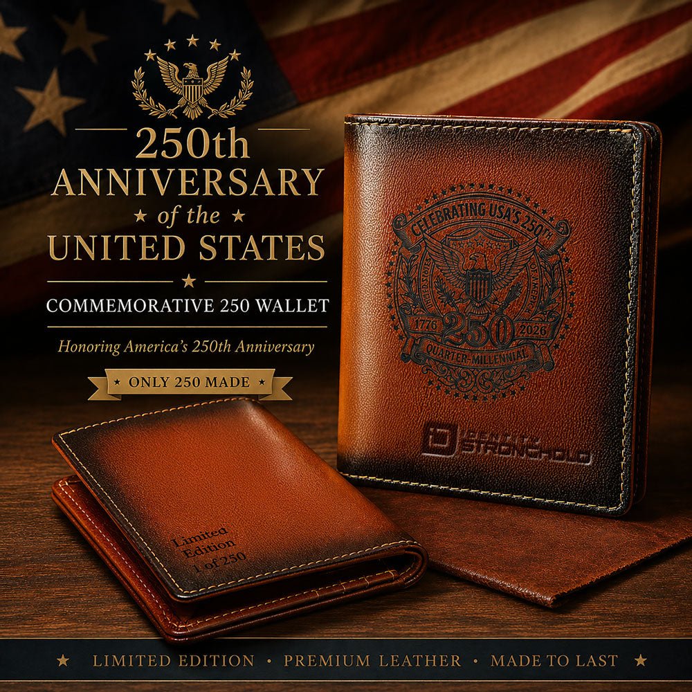 Brown leather wallet commemorating the 250th anniversary of the United States with an American flag in the background.