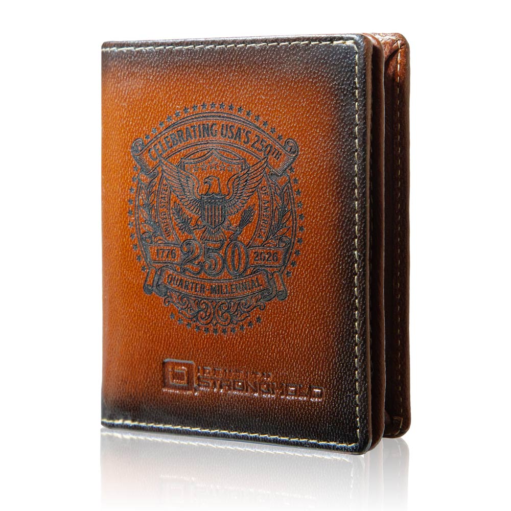 Brown leather wallet with embossed design on a white background