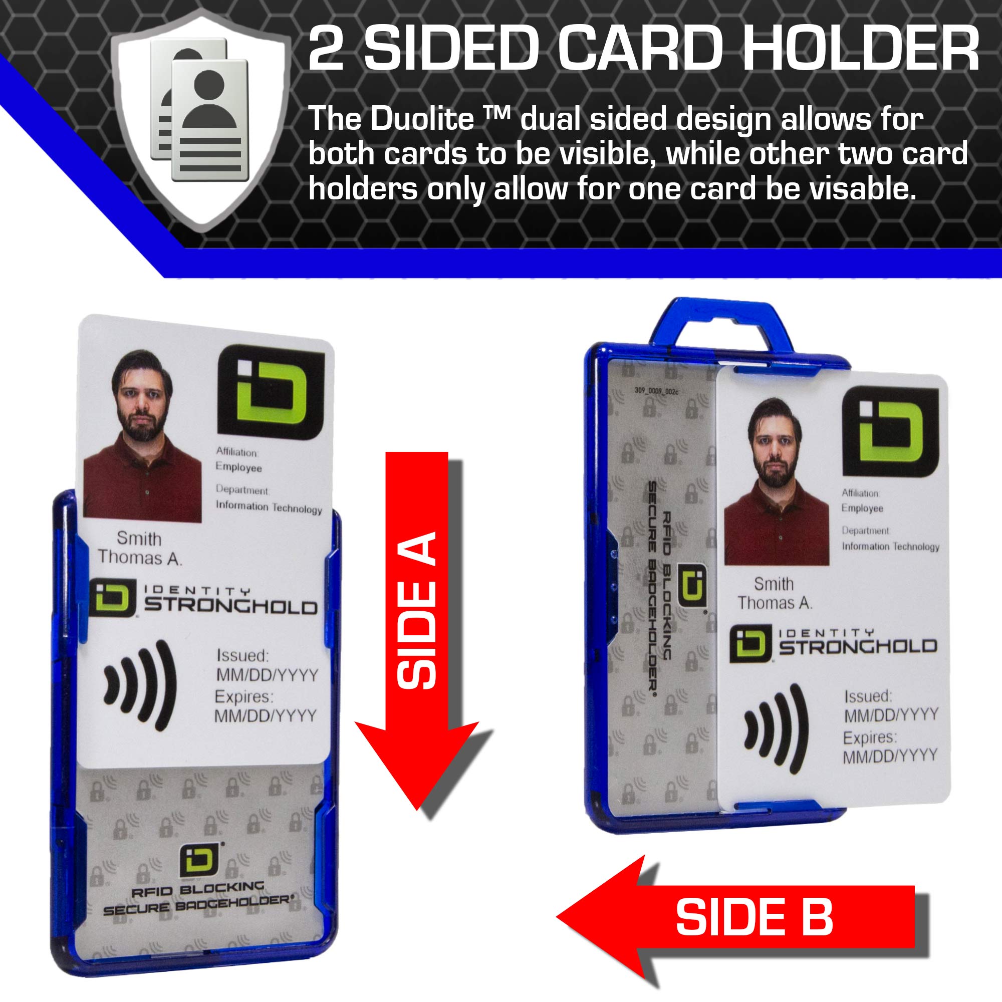 Secure Badge Holder Duolite ® Vertical 2 ID Card Holder, and Lanyard Bundle - Blue Black - IDSH2038 - blublk
