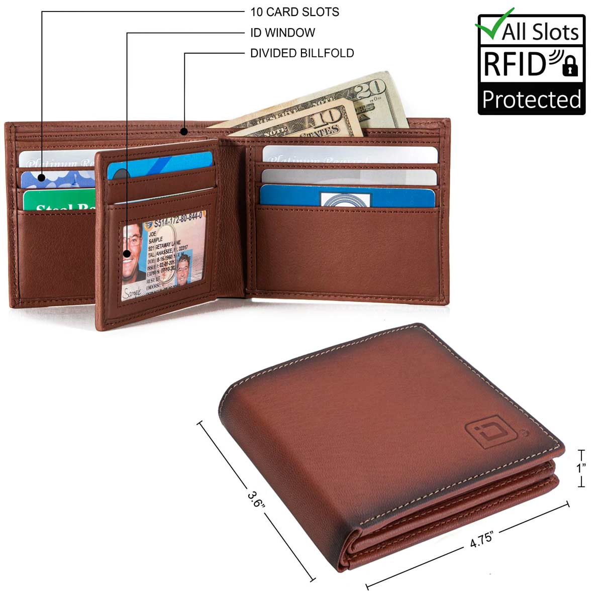 Brown wallet with card slots and billfold, showing interior compartments and dimensions.