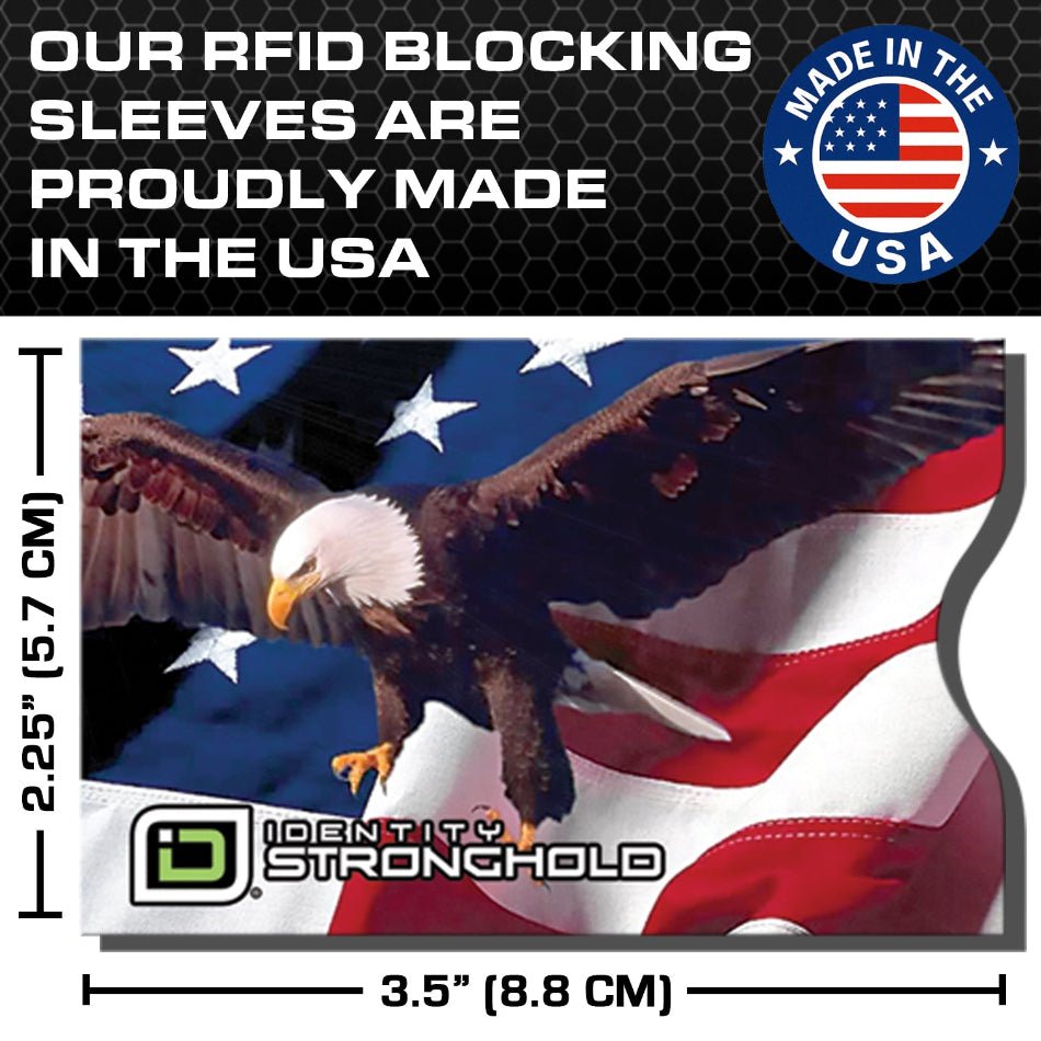 Product packaging with an eagle design, American flag, and 'Made in the USA' label.