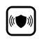 Black shield icon with sound waves on a white background