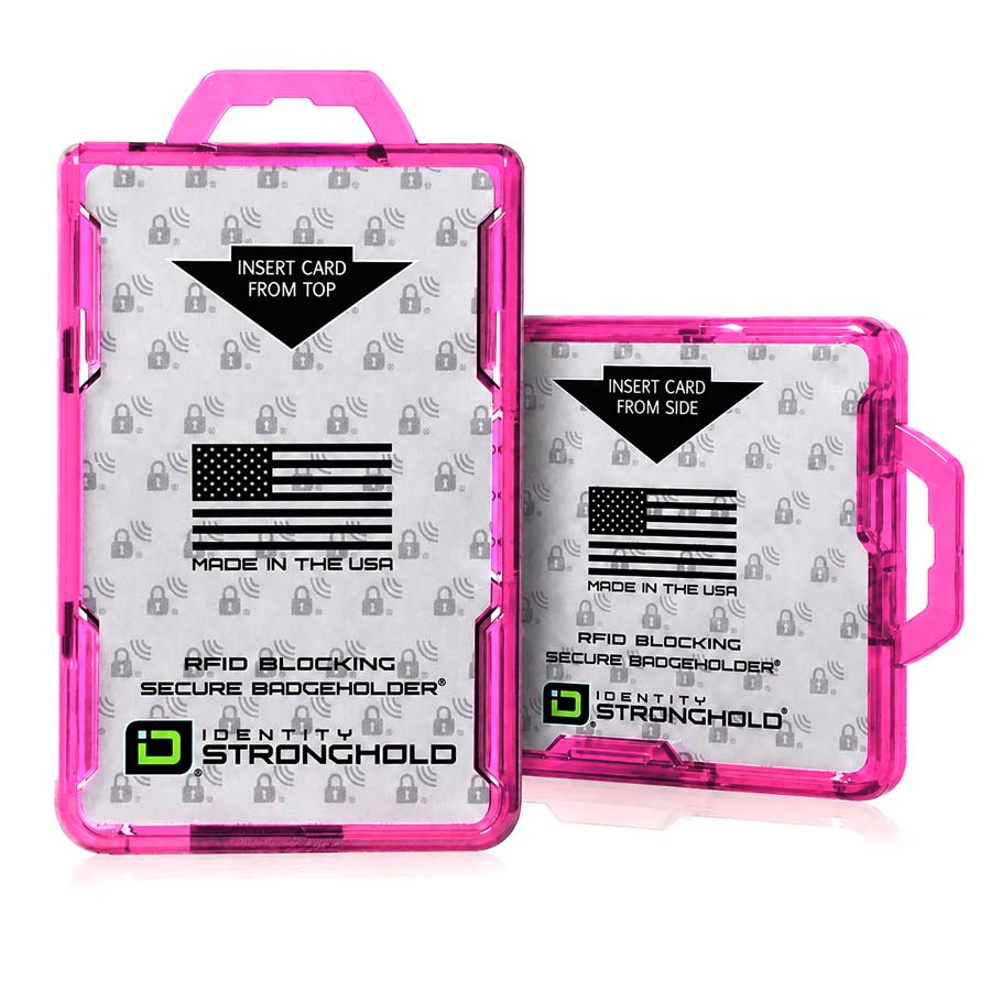 Two translucent hot pink Identity Stroncholo secure badge holders on a white background, one shown from the front with a card insert and one from the side showing the handle.