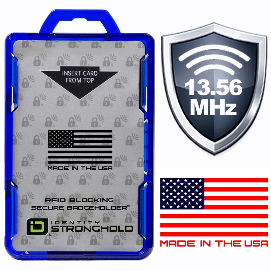 Identity Stronghold 13.56 MHz RFID blocking secure badge holder with a blue protective case, shown alongside a shield graphic.