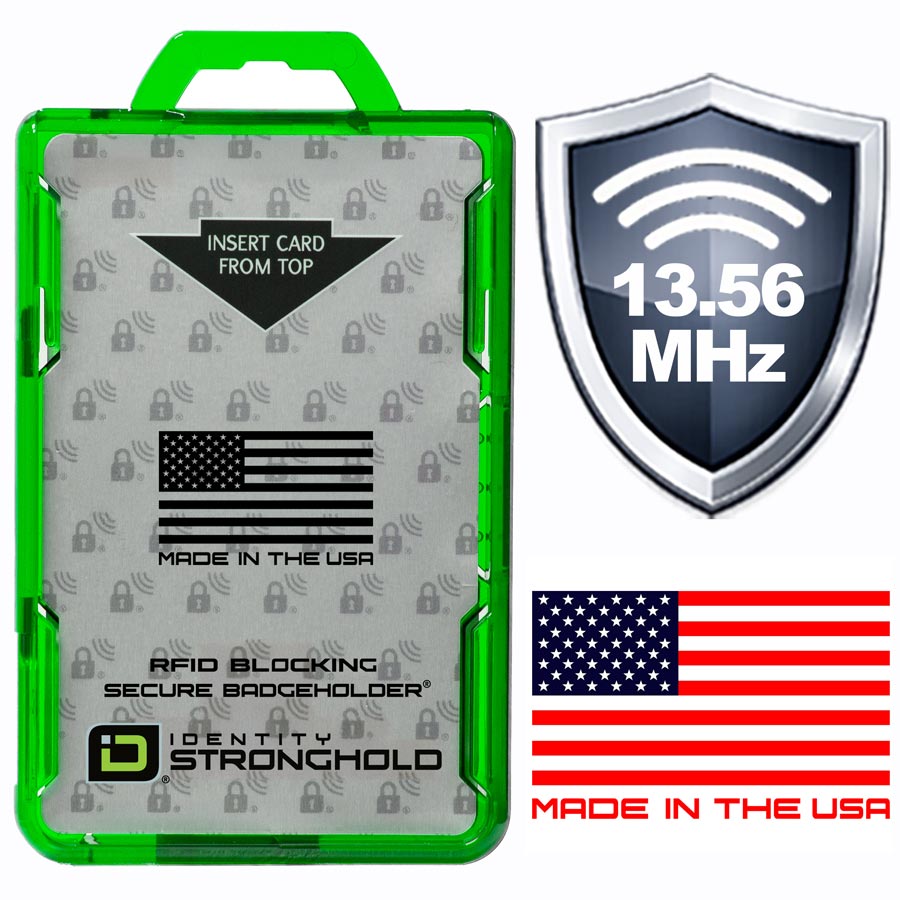 Identity Stronghold 13.56 MHz RFID blocking secure badge holder in a bright green plastic case with a silver card insert, shown alongside shield graphics and American flag badges.