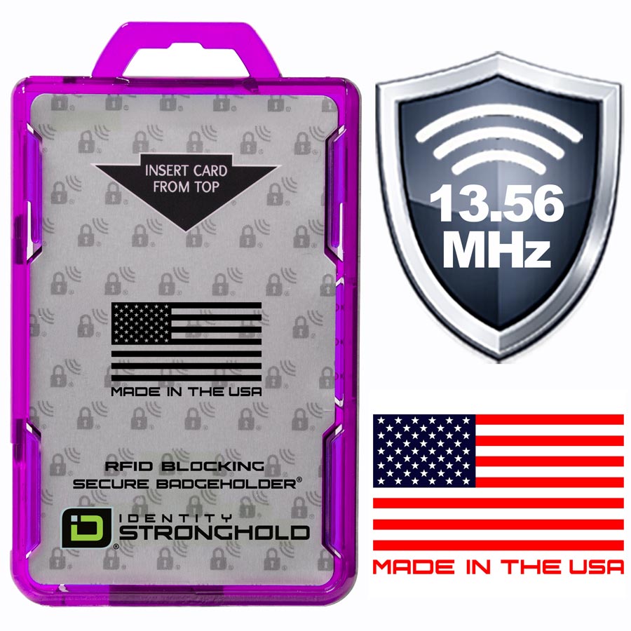 Identity Stronghold 13.56 MHz RFID blocking secure badge holder case with a purple border and silver interior, shown alongside shield graphics.