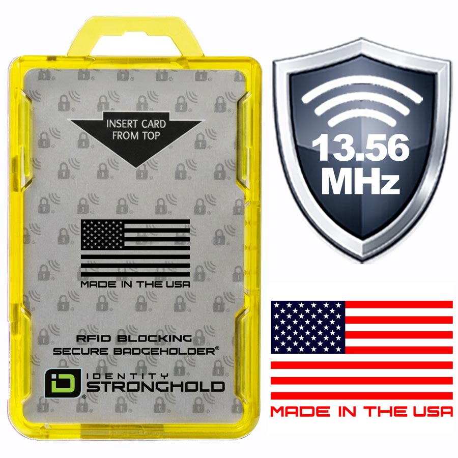 Identity Stronghold 13.56 MHz RFID blocking secure badge holder in a bright yellow protective case, shown alongside graphic badges.
