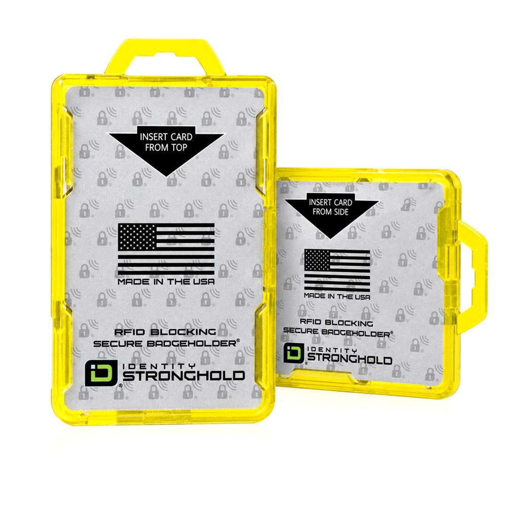 Two clear plastic badge holders with bright yellow edges, shown on a white background. One is larger and standing upright