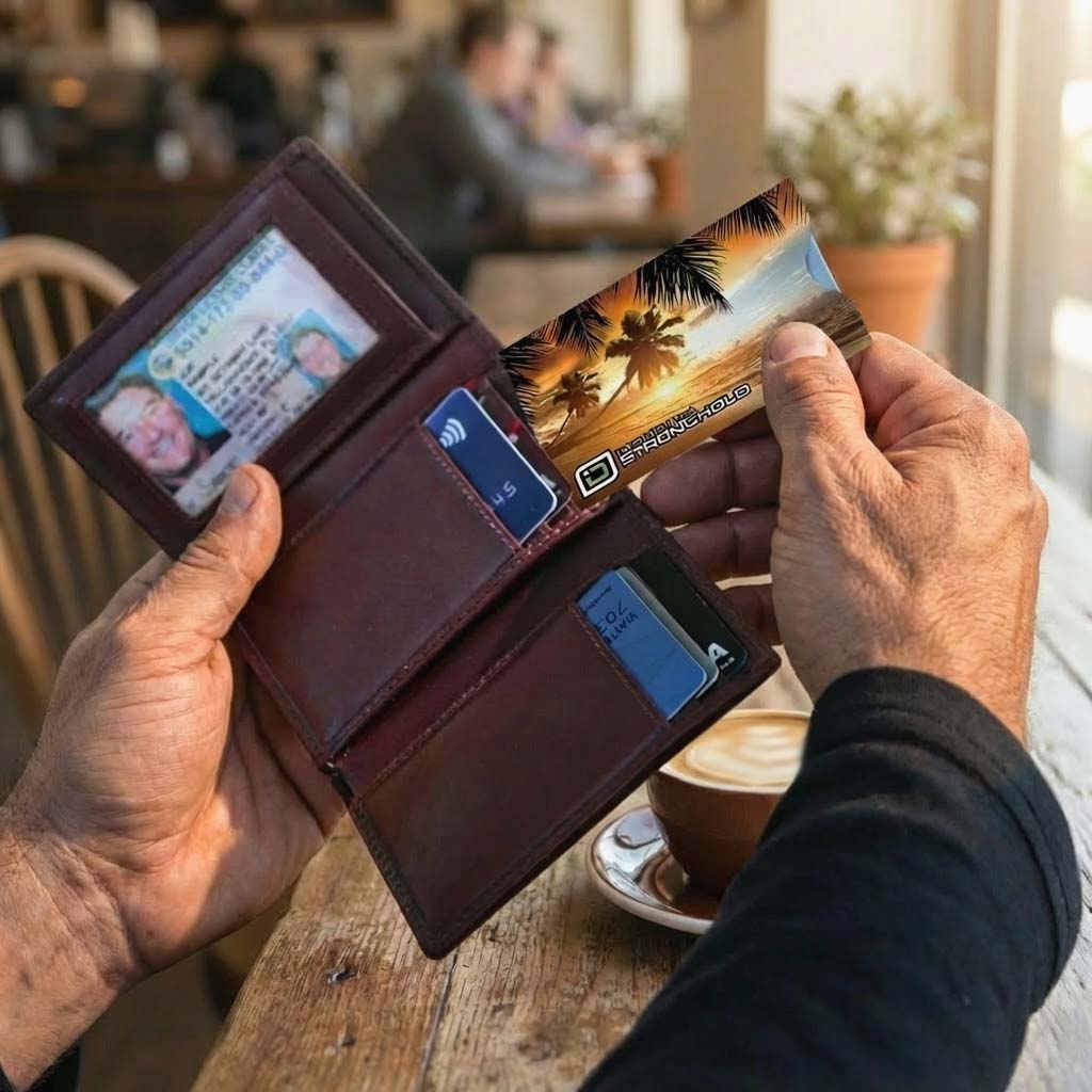 Person holding a leather wallet with various cards and a ID card, sitting at a table with a blurred background.