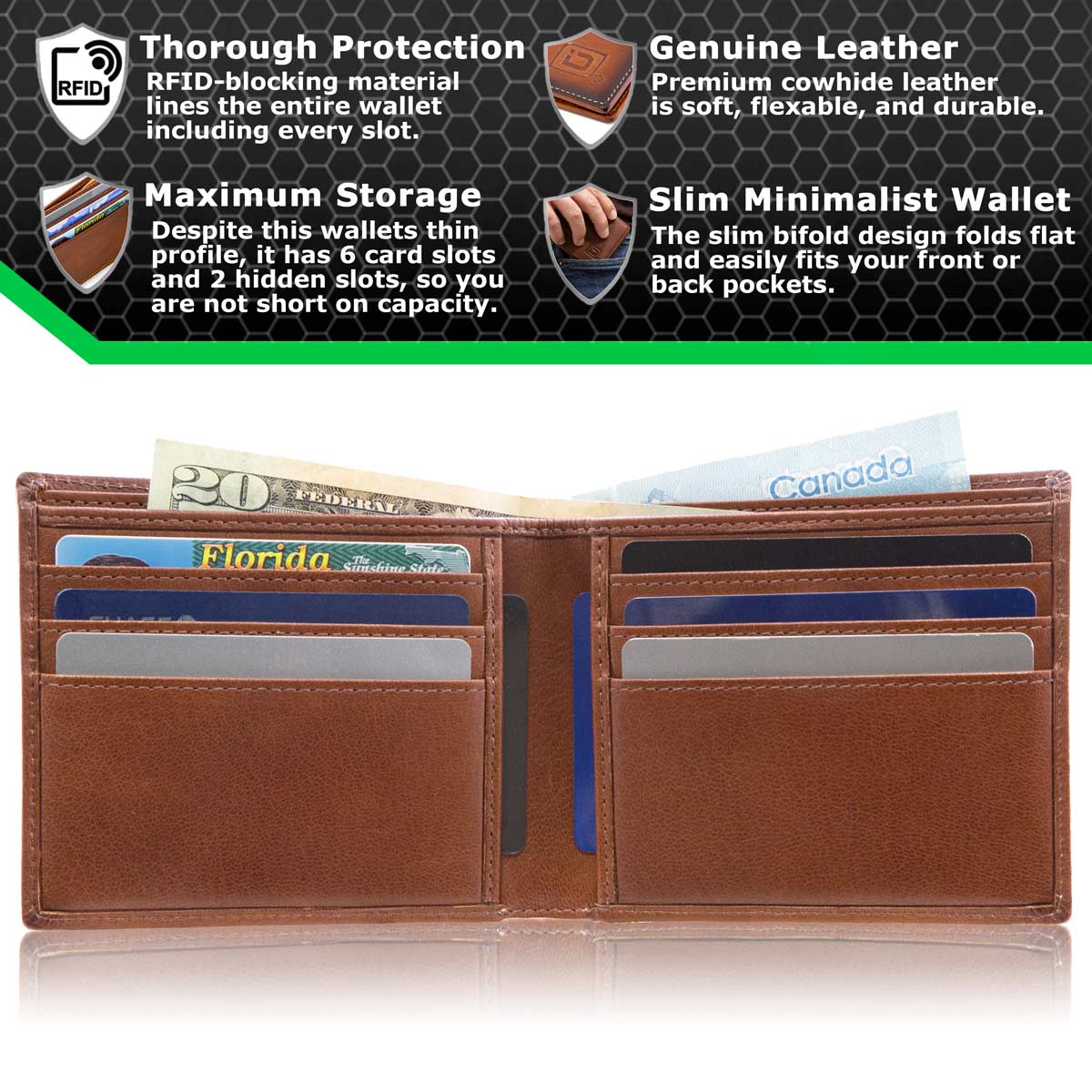 Mens RFID Wallet - 6 Slot Thin Bifold Wallet - Antiqued Brown - IDSH7002 - abrn