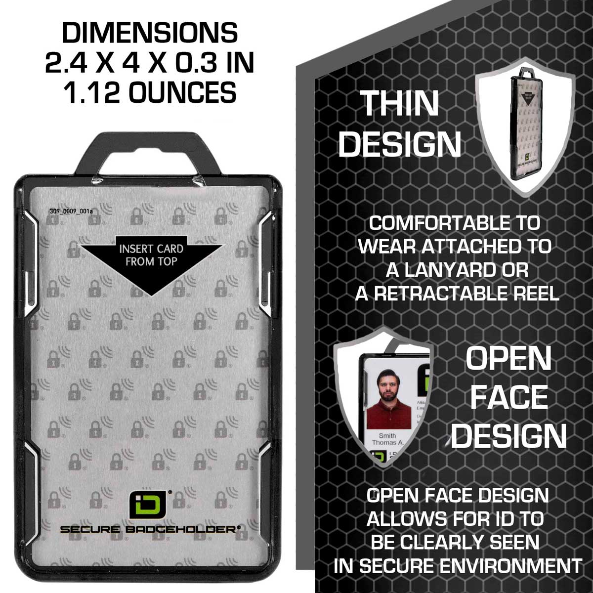 Secure Badge Holder Lite ™ Vertical 1 ID Card ID Holder with Belt Clip - Black - IDSH9001 - 001B - BC - Blk