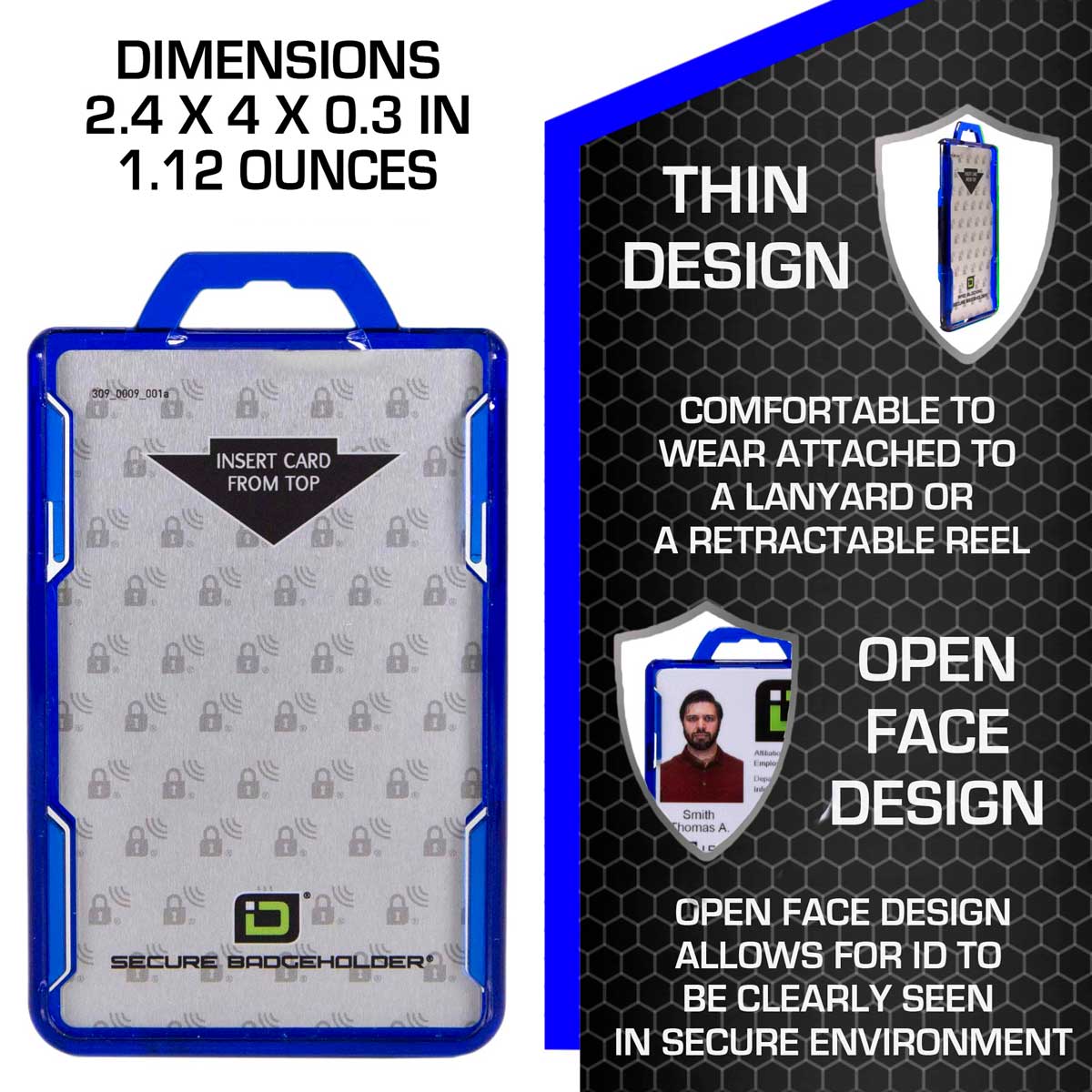 Secure Badge Holder Lite ™ Vertical 1 ID Card ID Holder with Belt Clip - Blue - IDSH9001 - 001B - BC - Blu